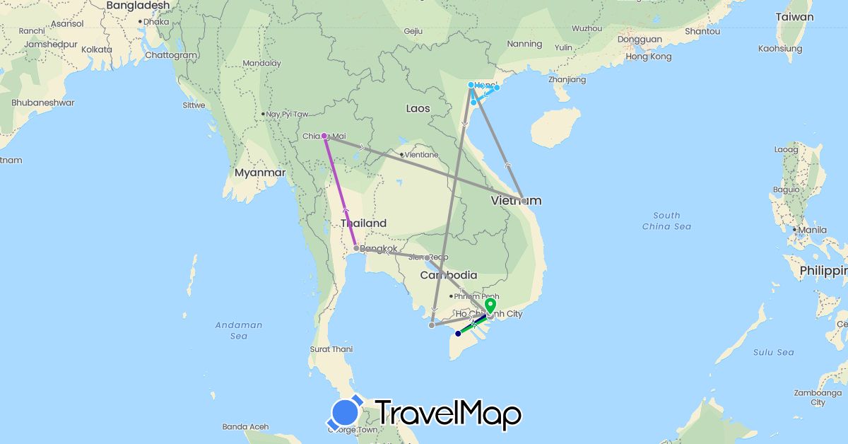 TravelMap itinerary: driving, bus, plane, train, boat in Cambodia, Thailand, Vietnam (Asia)